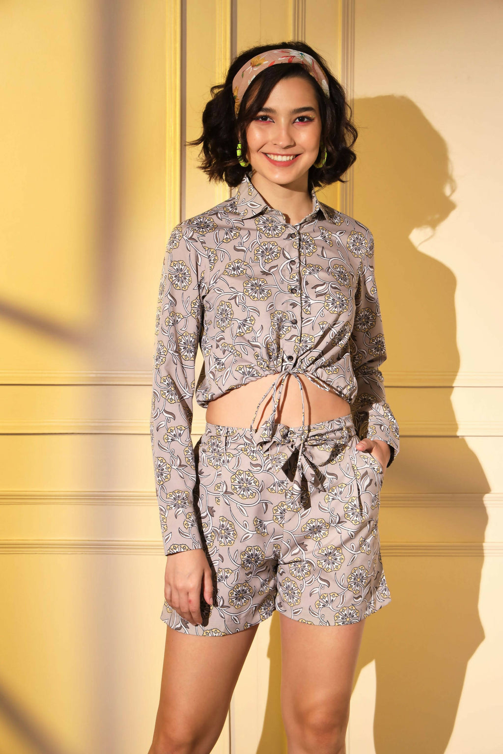 Grey Crepe Floral Printed Top with Matching Shorts Set - Shivani | Grocsy