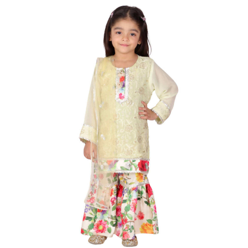 Little Bansi Girls Green & yellow Embrodiery Kurta with Floral Sharara | Grocsy