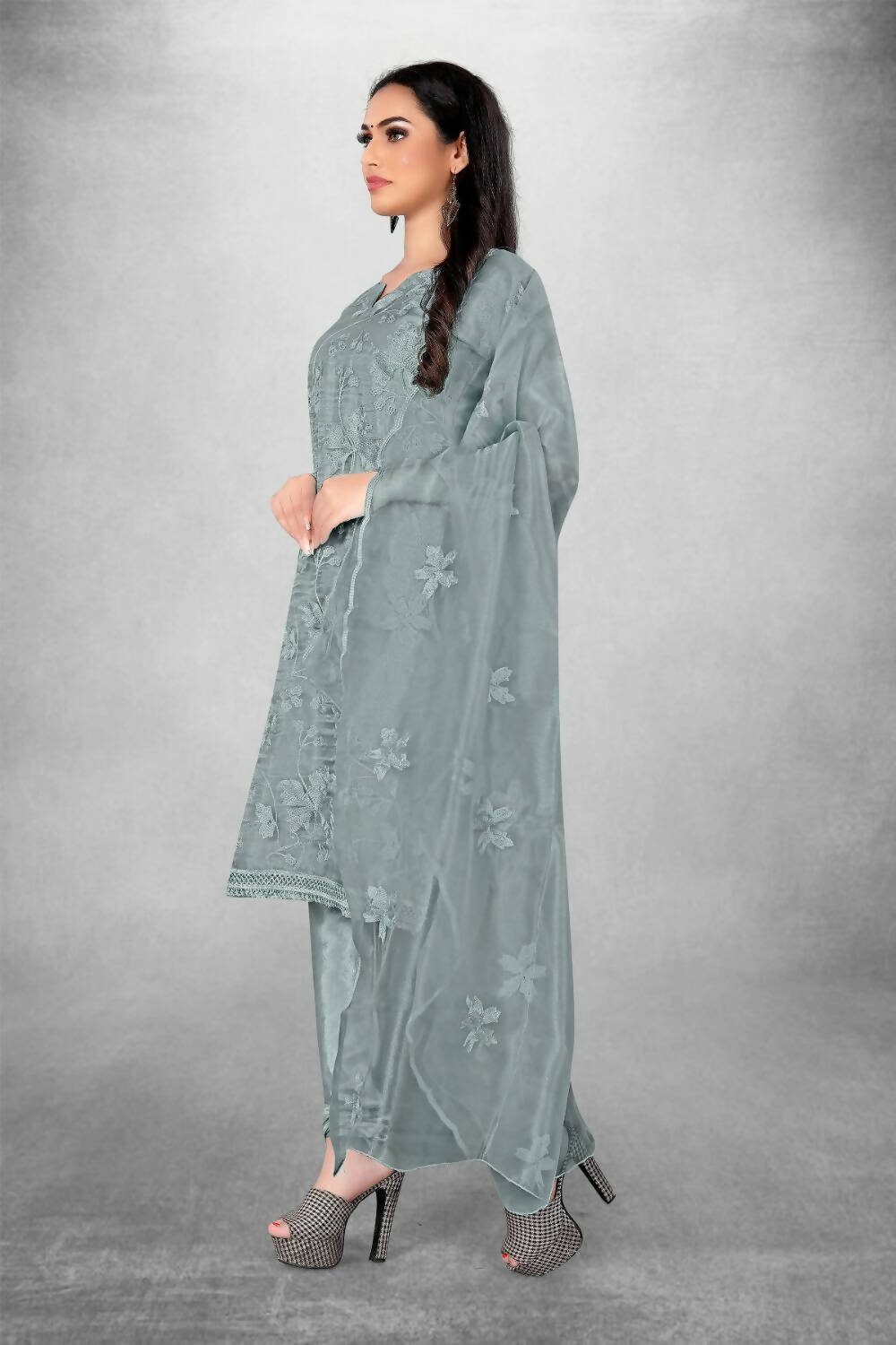 Grey Heavy Organza Silk Embroidered Unstitched Dress Material - Amara | Grocsy