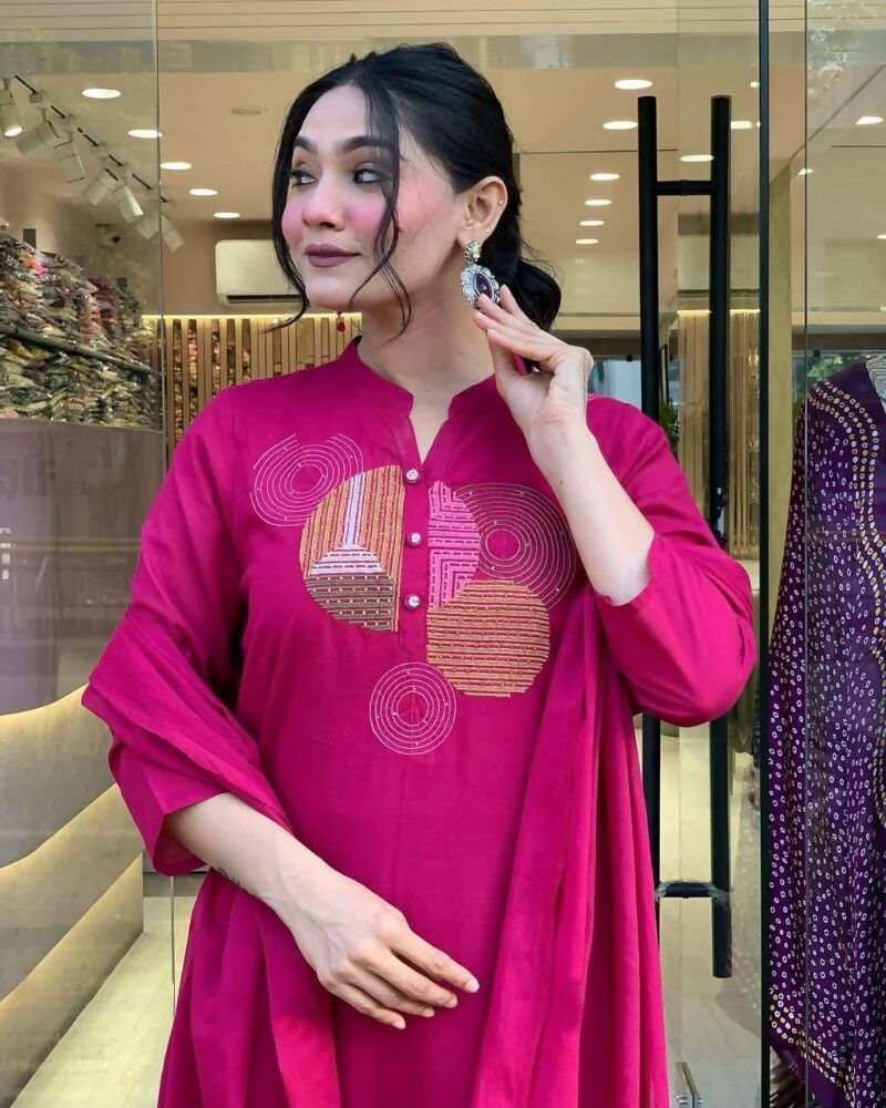 Teeya Creation Women Pink Geometric Embroidered Straight Kurta with Pants and Dupatta Set | Grocsy