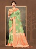 Sea Green Cotton Zari Woven Design Saree with Unstitched Blouse Piece - Aachal | Grocsy