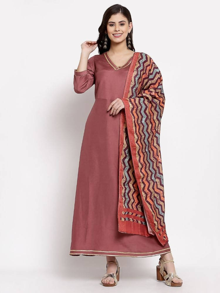 Myshka Women's Dark Pink Cotton Solid 3/4 Sleeve V Neck Casual Anarkali Gown | Grocsy