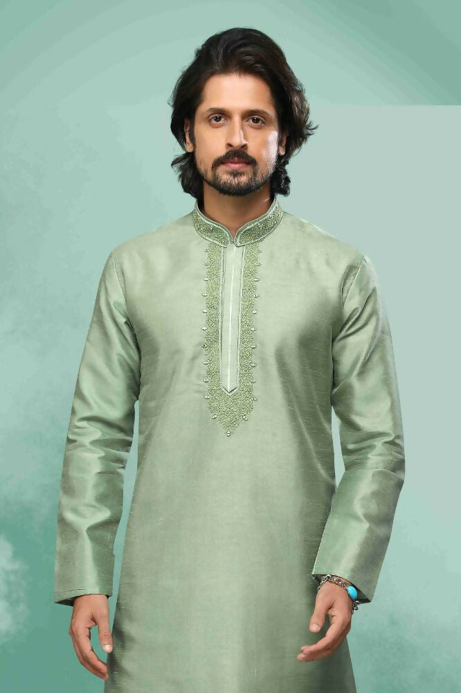 Raivat Ethnic Art Silk Mirror Embroidery Work Kurta Pajama In Light Green Colour | Grocsy