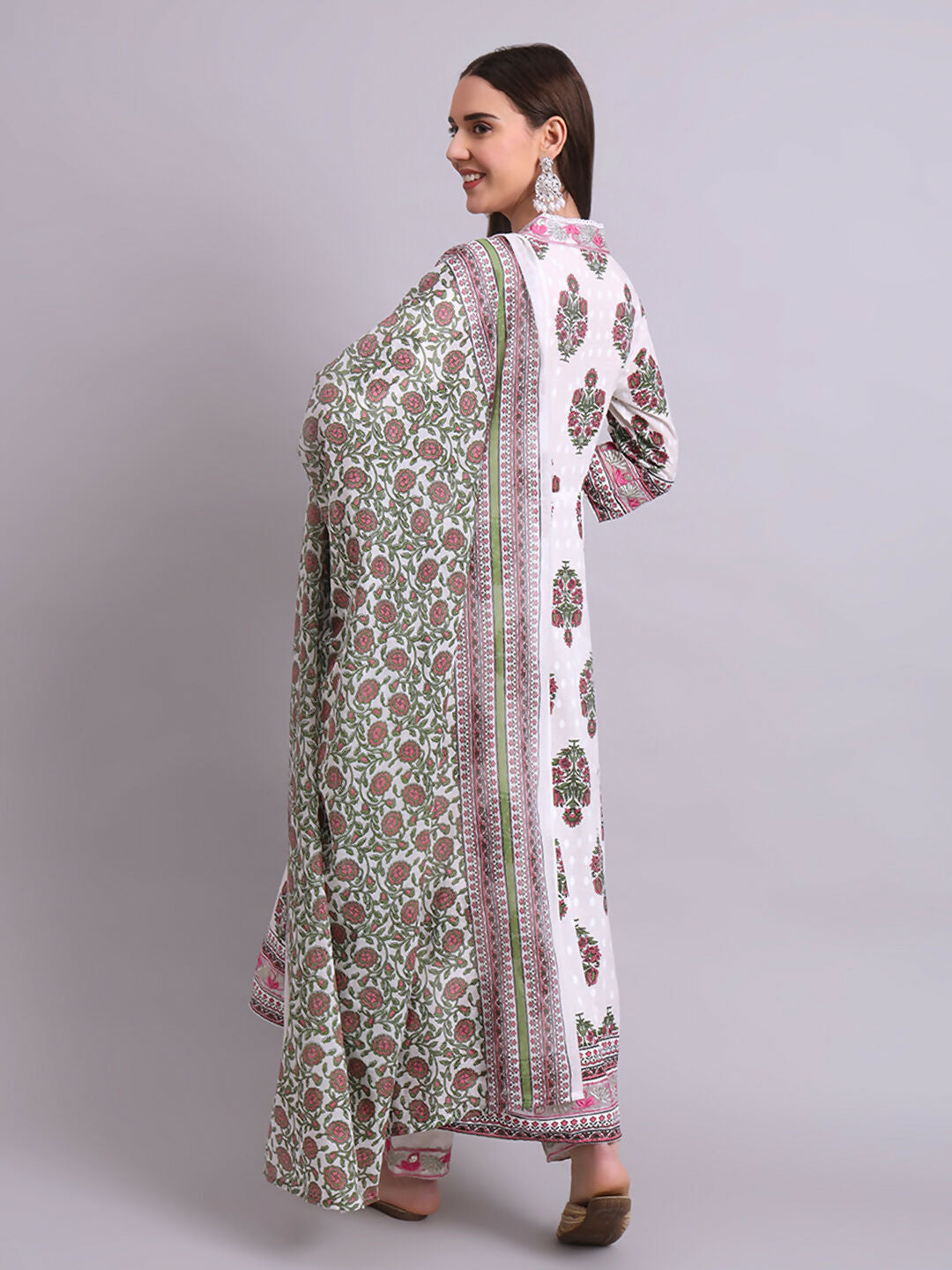 Joban Fashion Off White Cotton Buta Printed & Embroidery Work Anarkali Kurta With Trousers & Dupatta Set | Grocsy