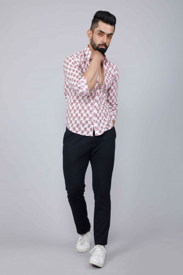 Miravan Men's White & Pink Spread Collar Floral Print Shirt | Grocsy