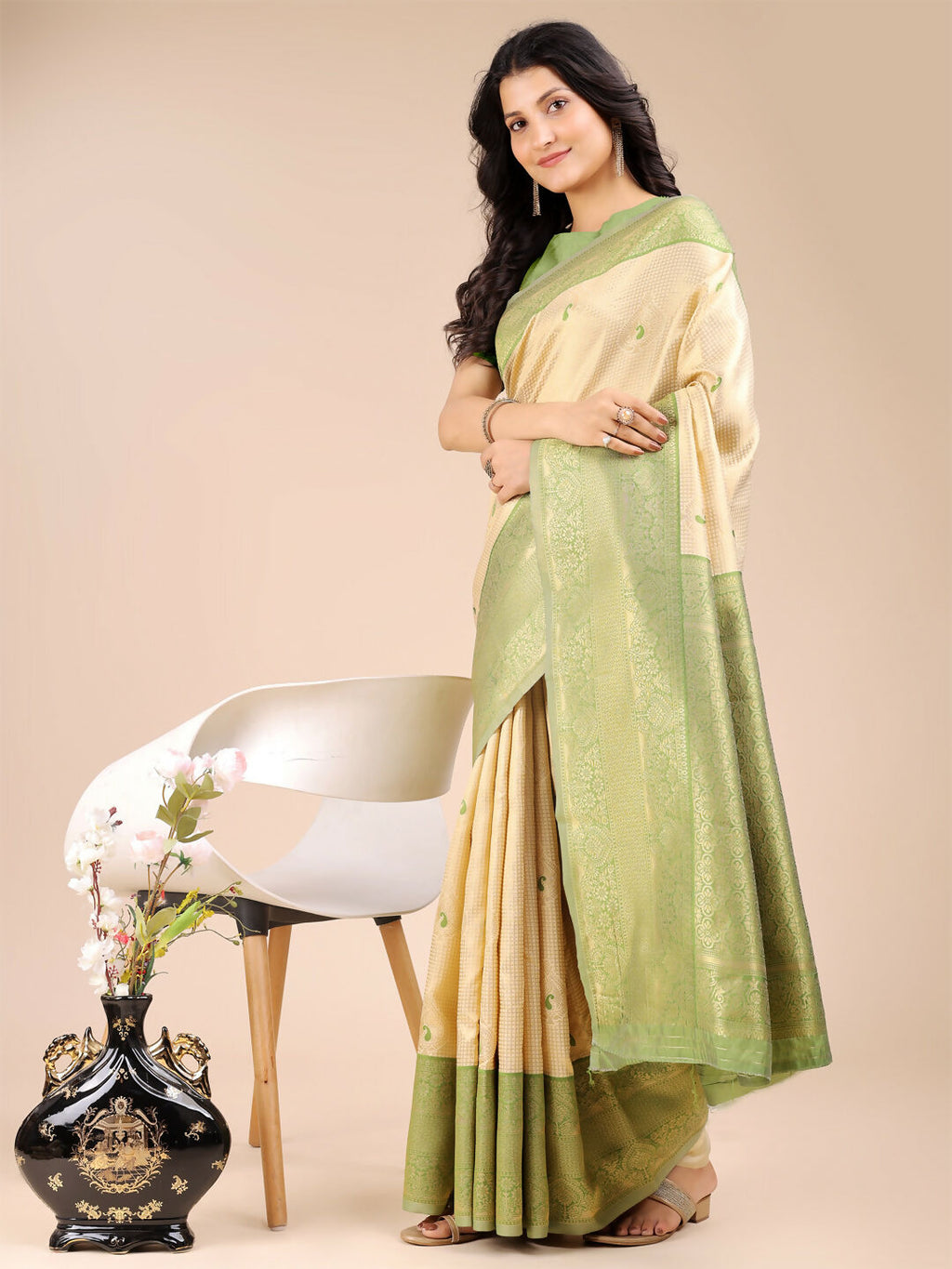 Shree Shyam Fashion Aura Silk Cream Light Green Banarasi Silk Saree | Grocsy