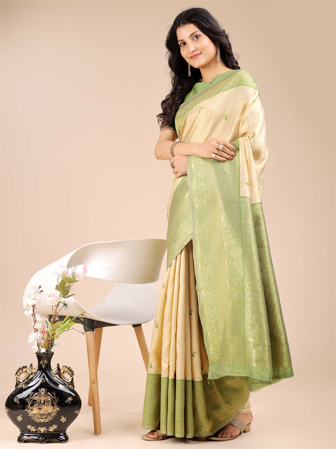 Shree Shyam Fashion Aura Silk Cream Light Green Banarasi Silk Saree | Grocsy