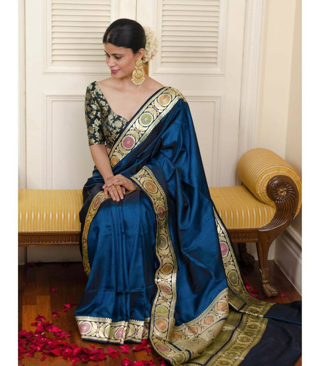 DEIANA'S Beautiful Designer Golden zari Soft Lichi Silk Saree - Blue | Grocsy