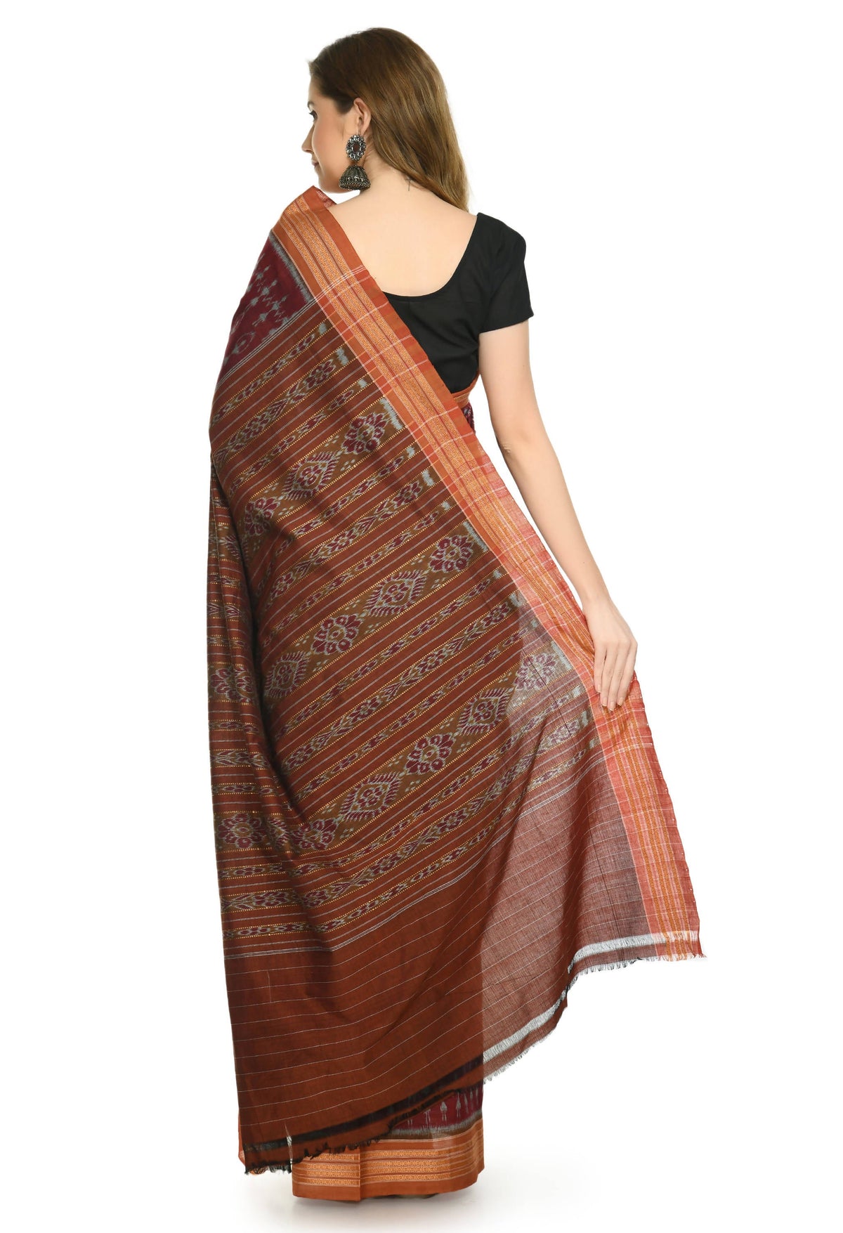 Vamika Sambalpuri Ikat Cotton Dehabandha Black & Maroon Saree | Grocsy