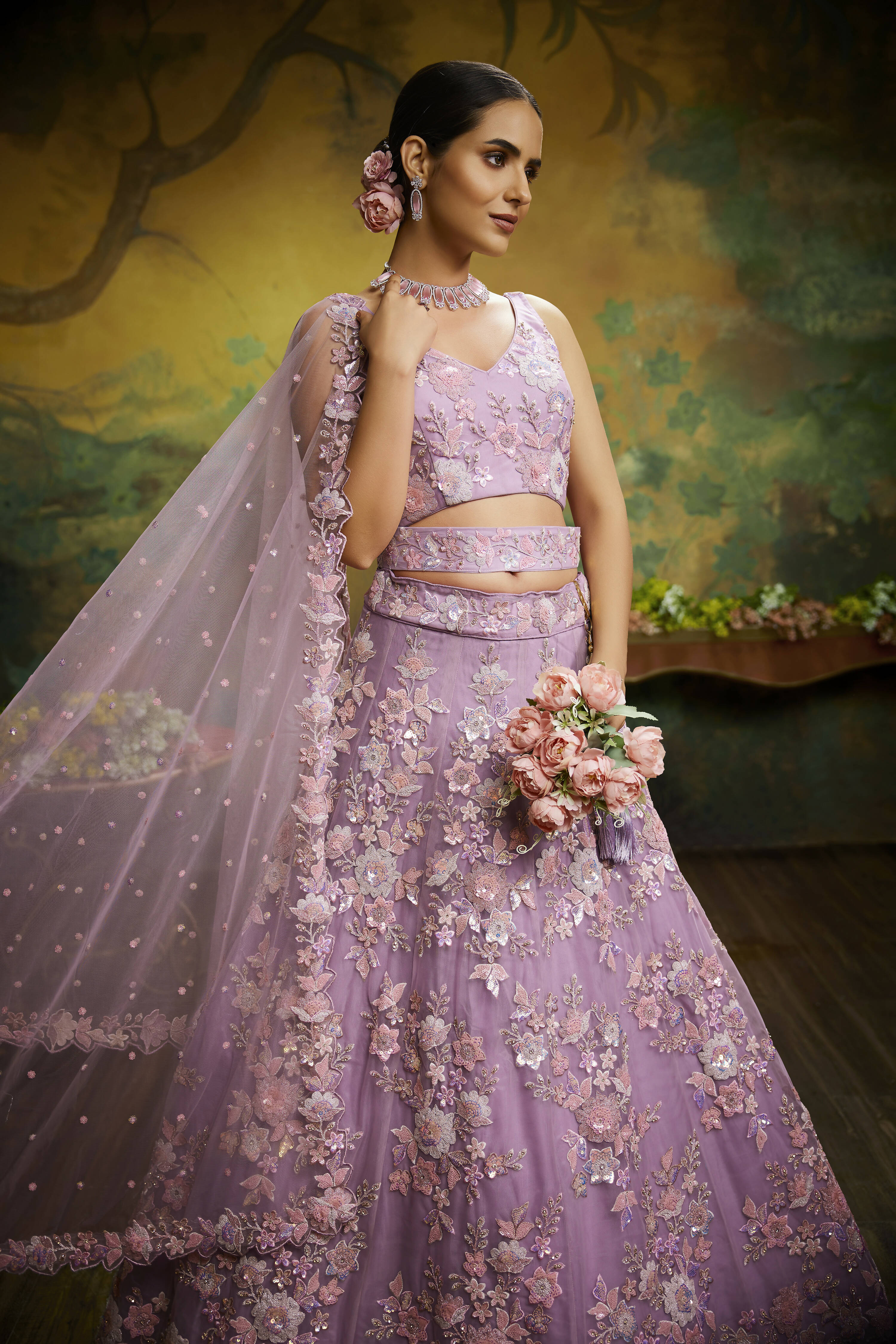 House of Panchhi Mauve Net Sequins with heavy Zarkan embroidery Lehenga choli & Dupatta | Grocsy