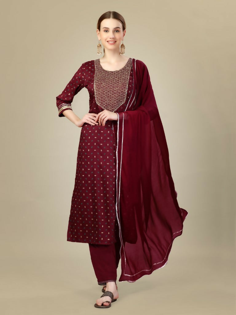 Jyoti Fashion Women's Maroon Silk Blend Embroidery & Sequence work Kurta with Trouser & Dupatta | Grocsy
