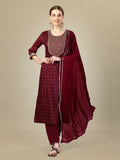 Jyoti Fashion Women's Maroon Silk Blend Embroidery & Sequence work Kurta with Trouser & Dupatta | Grocsy