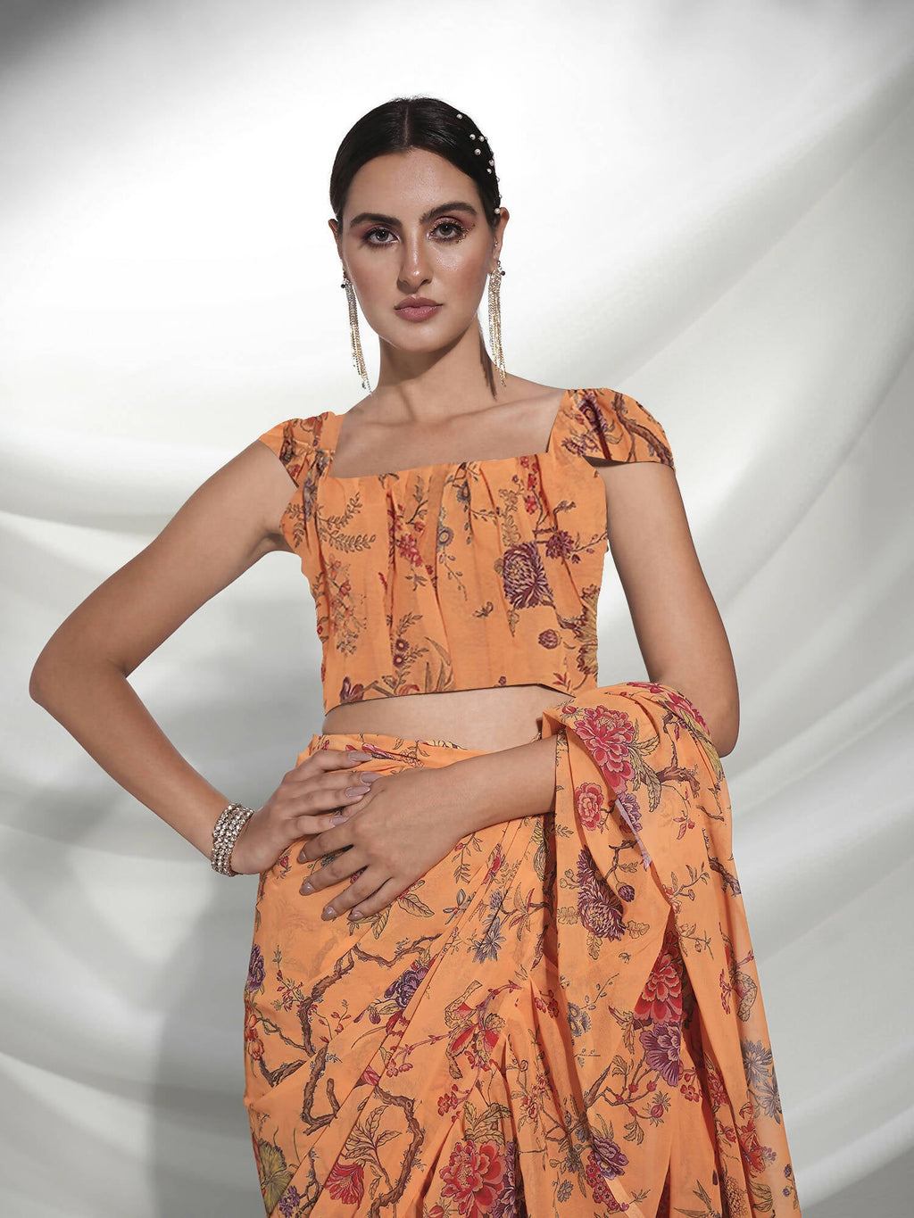 Orange Georgette Floral Printed Saree With Unstitched Blouse Piece - Rajal | Grocsy