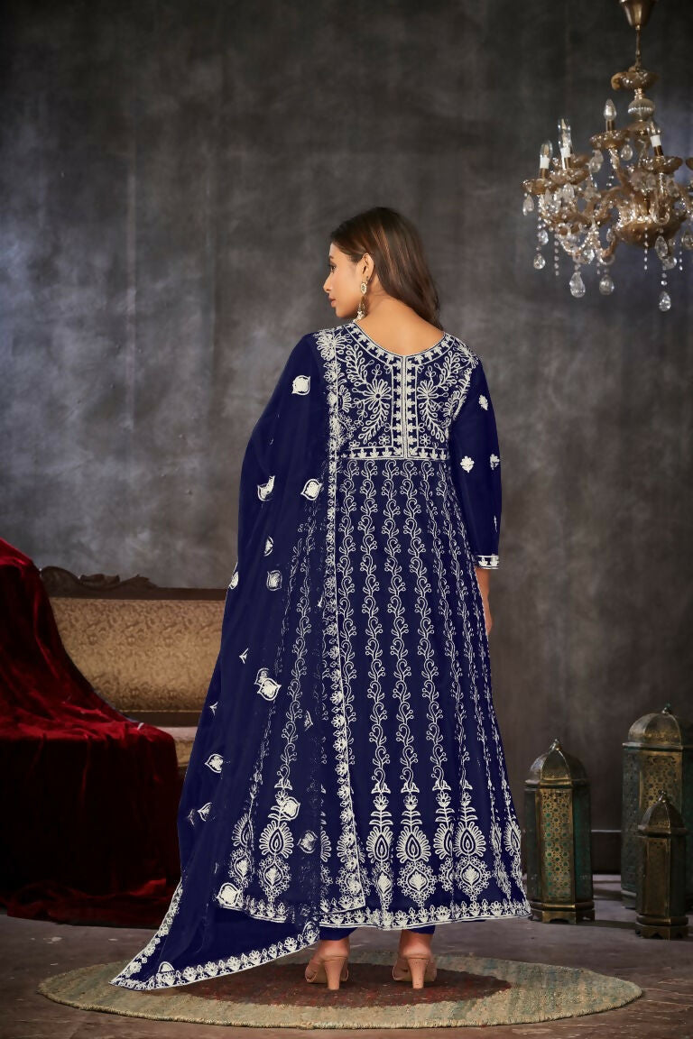 Jyoti Fashion Women's Blue Net Embroidered Anarkali Kurta Pant Set With Dupatta | Grocsy