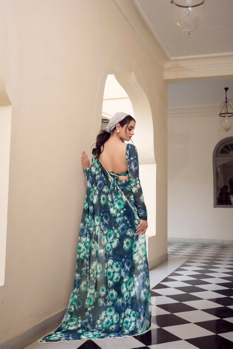 Vastranavya Navy Blue Weightless Marble Printed & Pearl Lace Border Saree with Unstitched Blouse | Grocsy