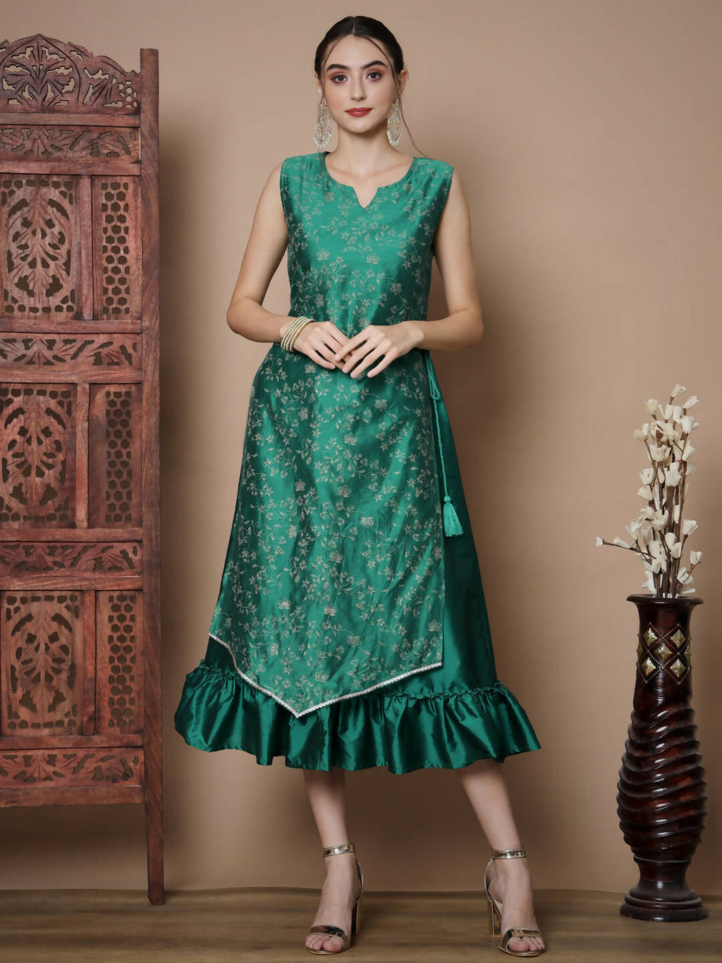 Myshka Women's Teal Floral Printed Gown Dress | Grocsy