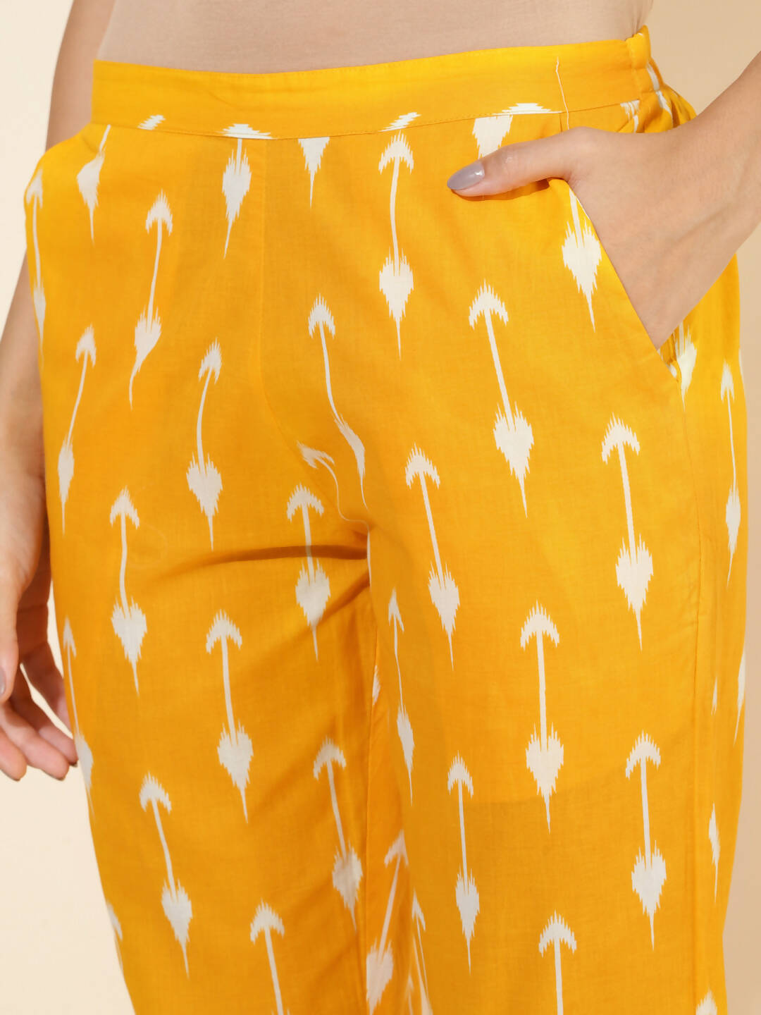 Janasya Women's Yellow Cotton Ikkat Printed Casual Straight Co-ords | Grocsy