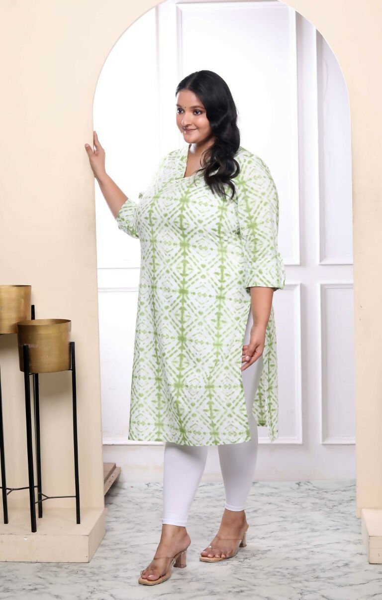 Miravan Women's Plus Size White And Green Tie Dye Cotton Kurti | Grocsy