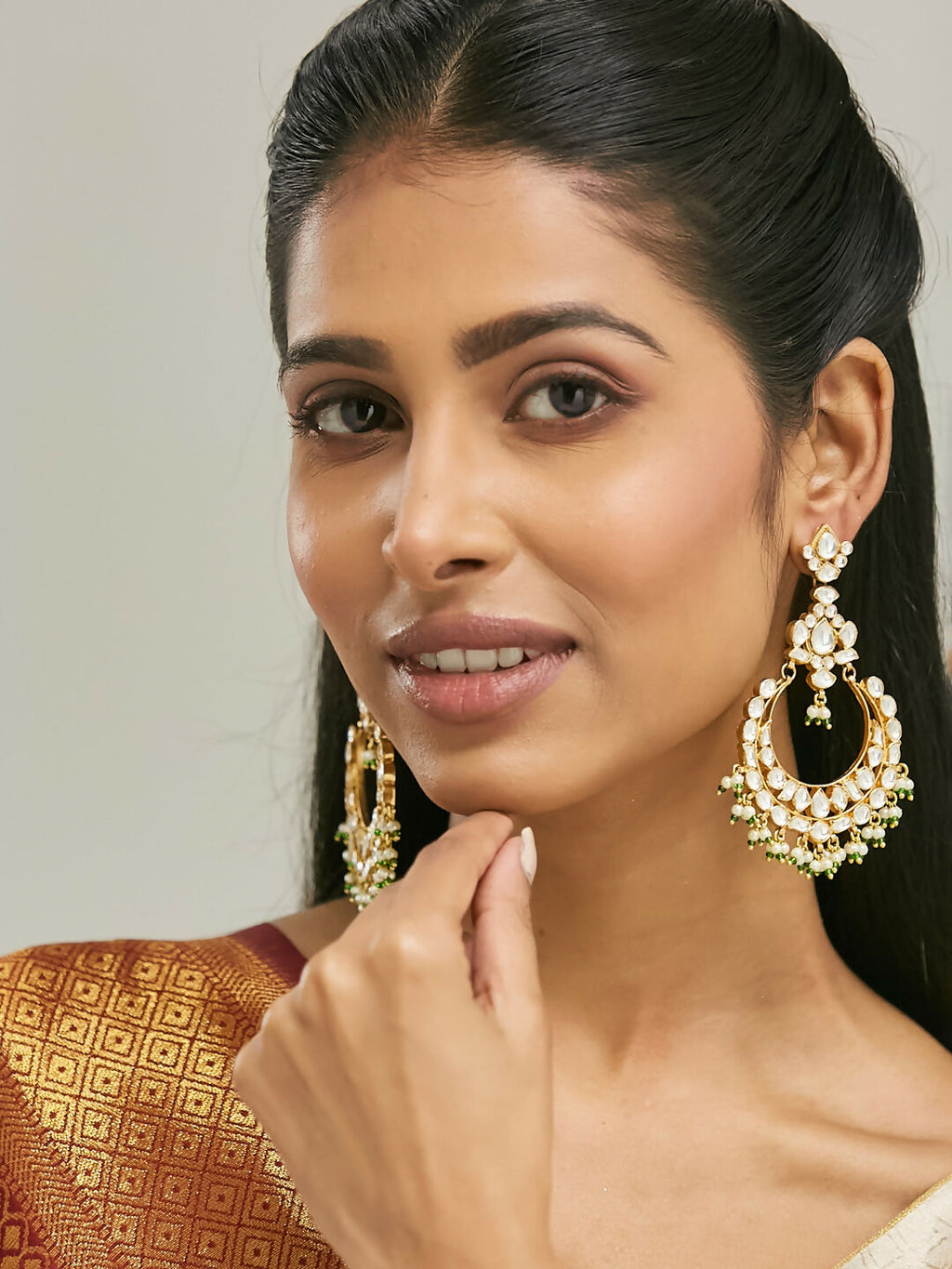 Nuyug 22K Gold-Plated Elegant Kundan Studded & Beaded Floral Chandbali Earrings | Grocsy