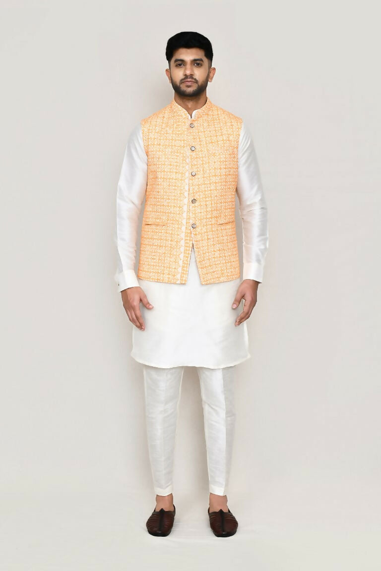 Joban Fashion White Colored Art Silk Fabric Kurta, Jacket With Straight Fit Pant | Grocsy