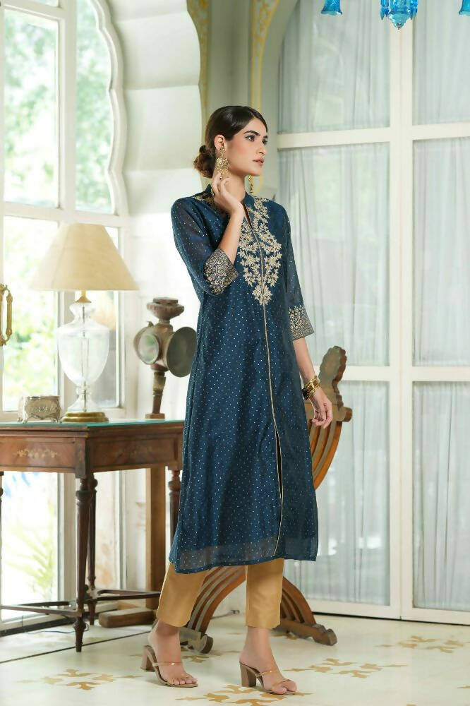 Juniper Blue Chanderi Festive Embroidered Polka Dot Printed A-Line Kurta For Women | Grocsy
