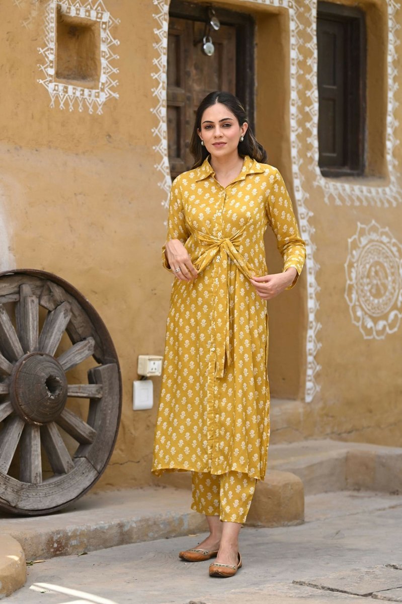 Aayaa Pure Muslin printed Kurti & Pant - Mustard yellow | Grocsy
