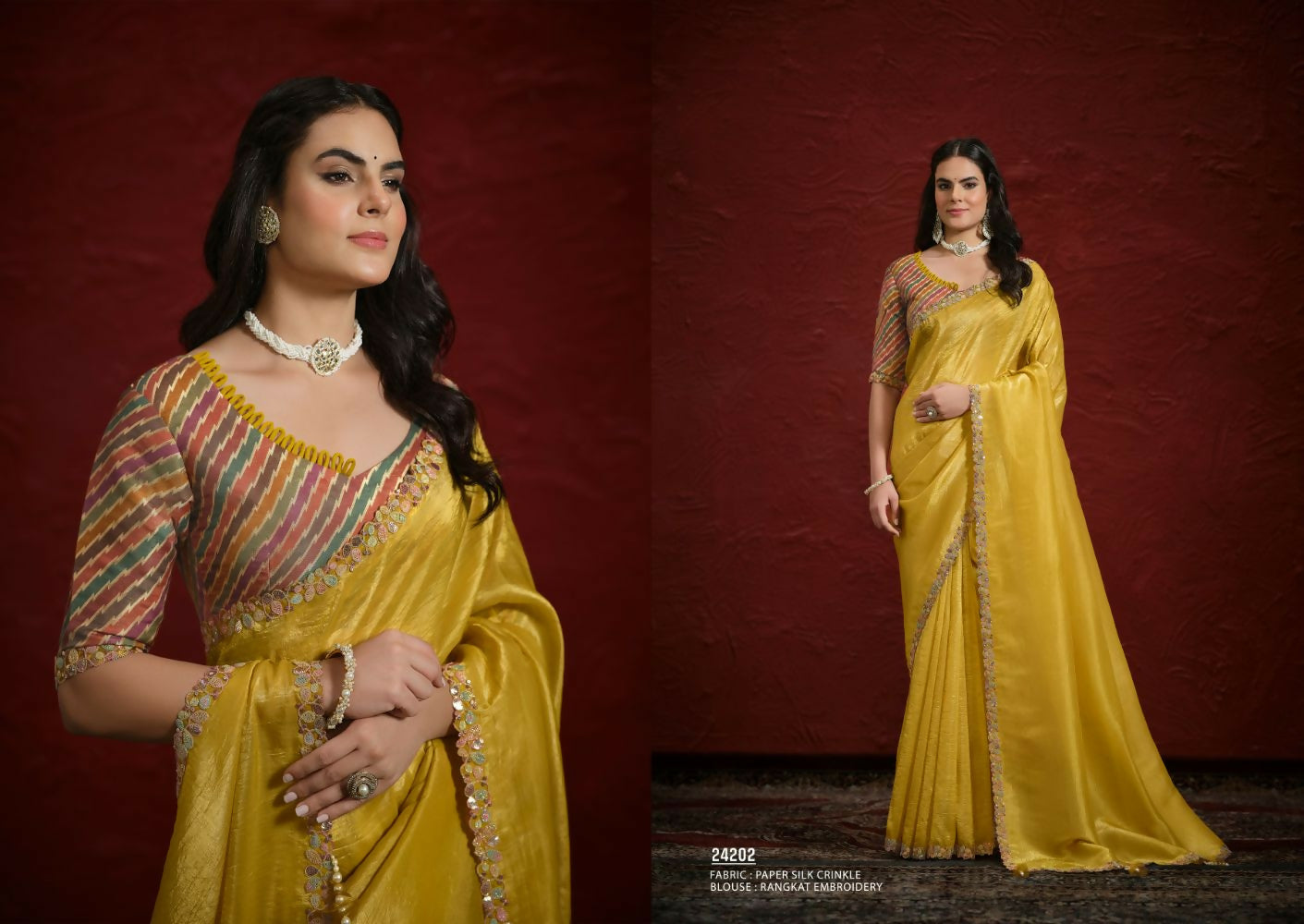 Mustard Crush Paper Silk Sequence with Handwork Saree with Stitched Blouse - Mohmanthan Aaina | Grocsy