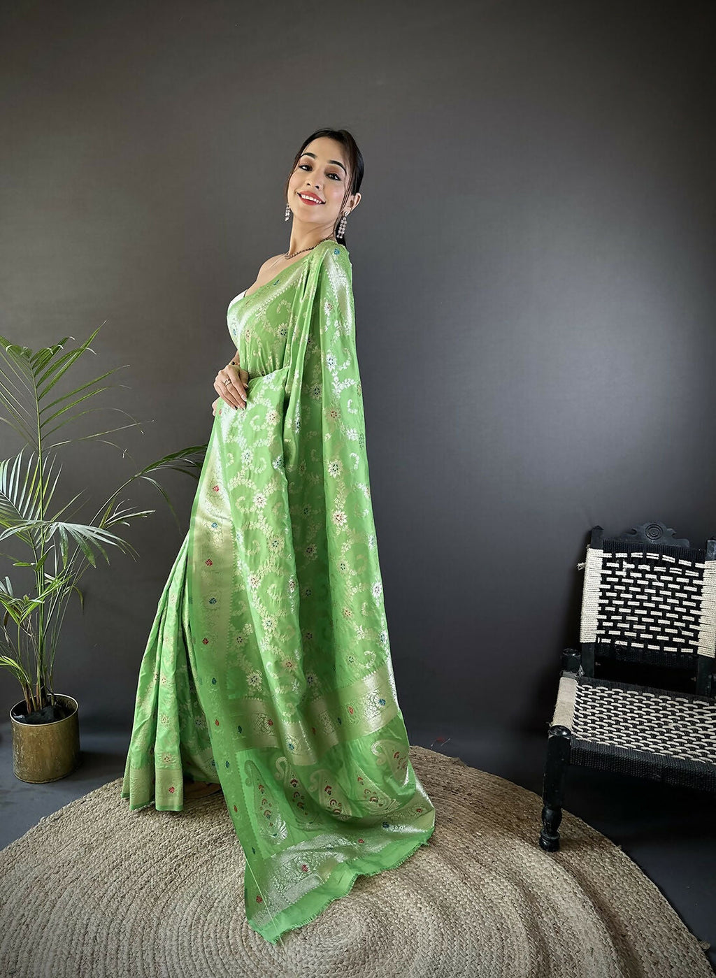 Joban Fashion Pista Green Meenakari Banarasi Silk Sarees | Grocsy