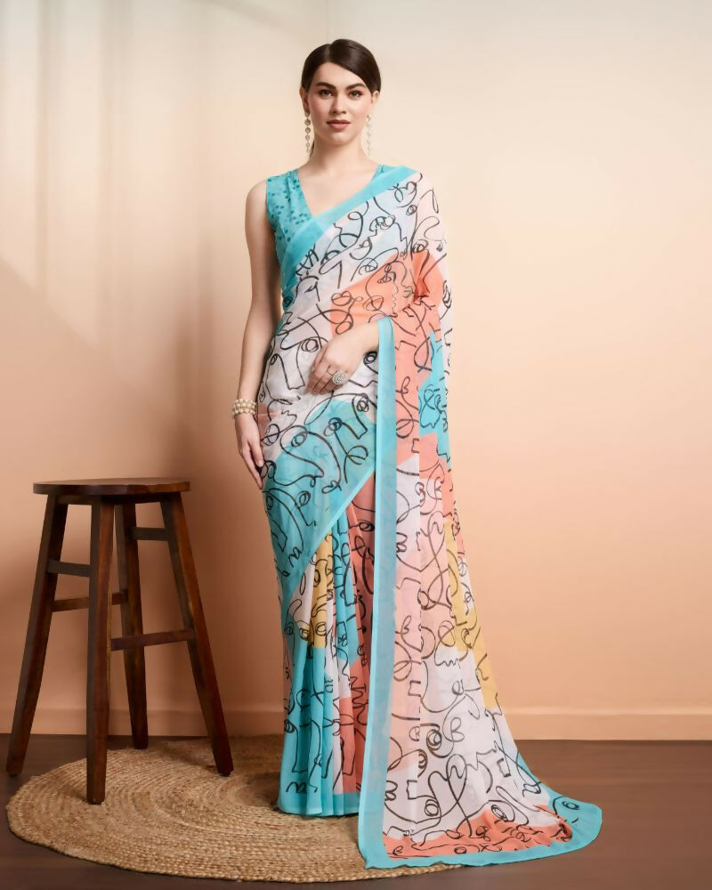Multi Georgette Designer Printed Party Wear Saree - Cinderella | Grocsy