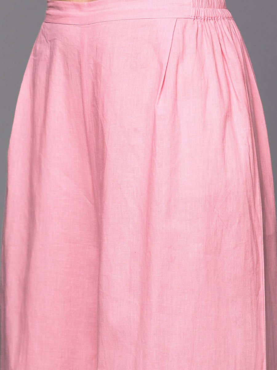 Ahalyaa Pink & Gold Ethnic Printed Layered Front Slit Cotton Anarkali Kurta Palazzos | Grocsy