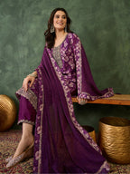 The52 Women's Beautiful Embroidery Work Chinon silk Fabric Straight Kurta Pant and Dupatta Set | Grocsy