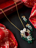 Joban Fashion Green Brass Monalisa Jade Stone With Kundan Meenakari Pendant Chain Necklace With Earring Set | Grocsy