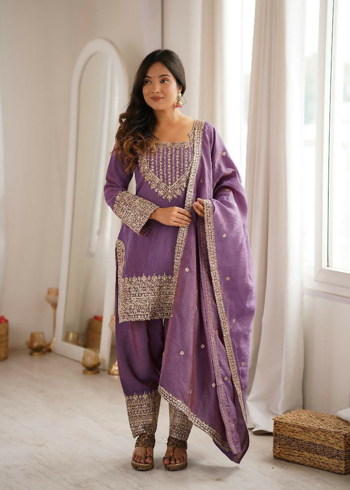 Teeya Creation Mauve Purple Afghani Salwar Suit Set With Elegant Zari Border | Grocsy