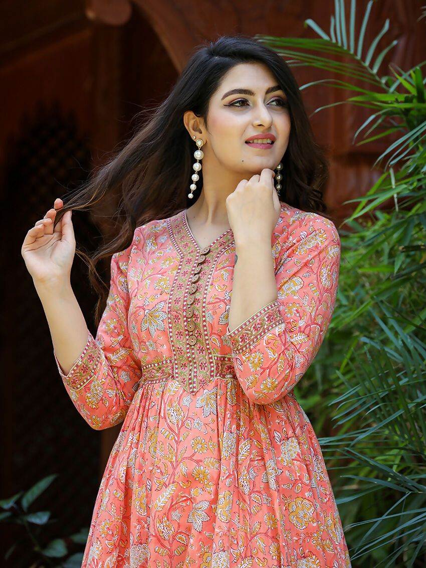 Kaajh Women's Light Orange Floral Handblock Printed Cotton Dress | Grocsy
