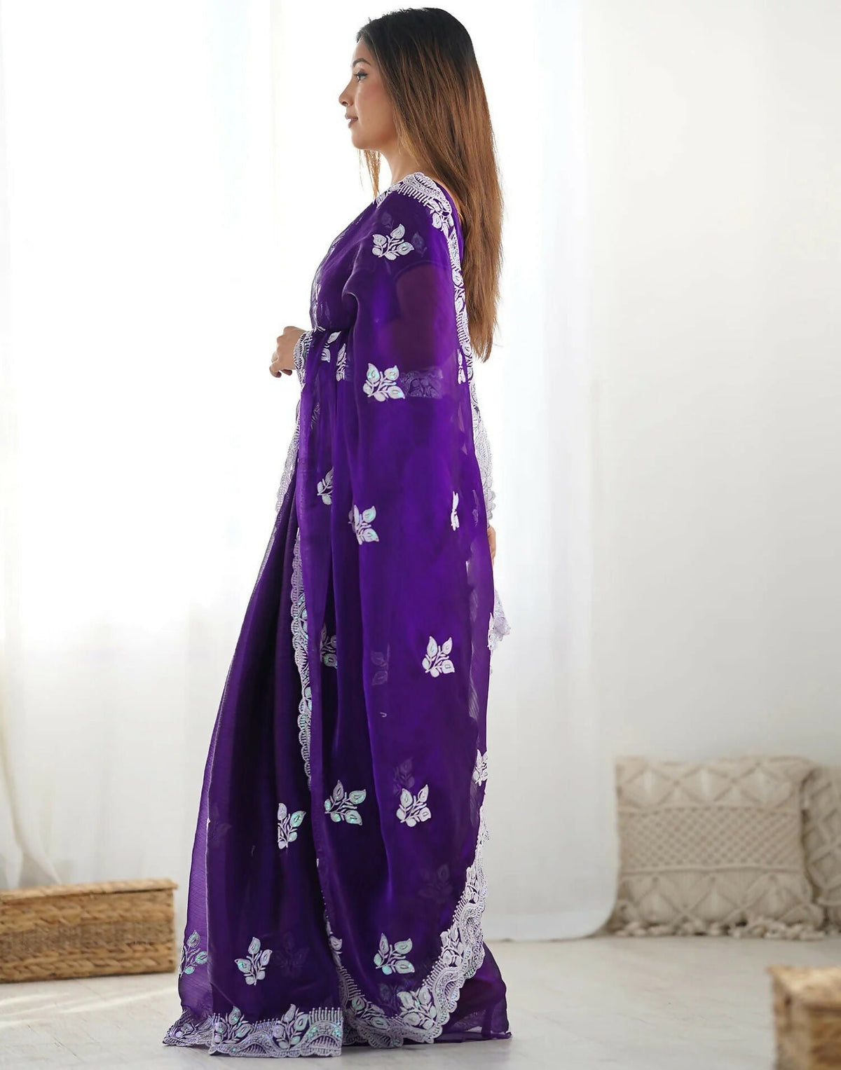 Joban Fashion Shimmer Chiffon Pastel Purple Color Sequence Saree | Grocsy