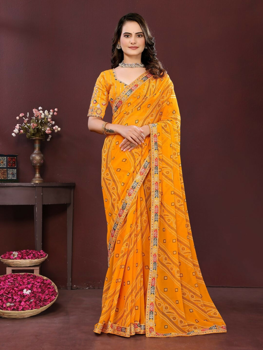 Ai Fashion Yellow Georgette Digital Print Party Wear Saree | Grocsy