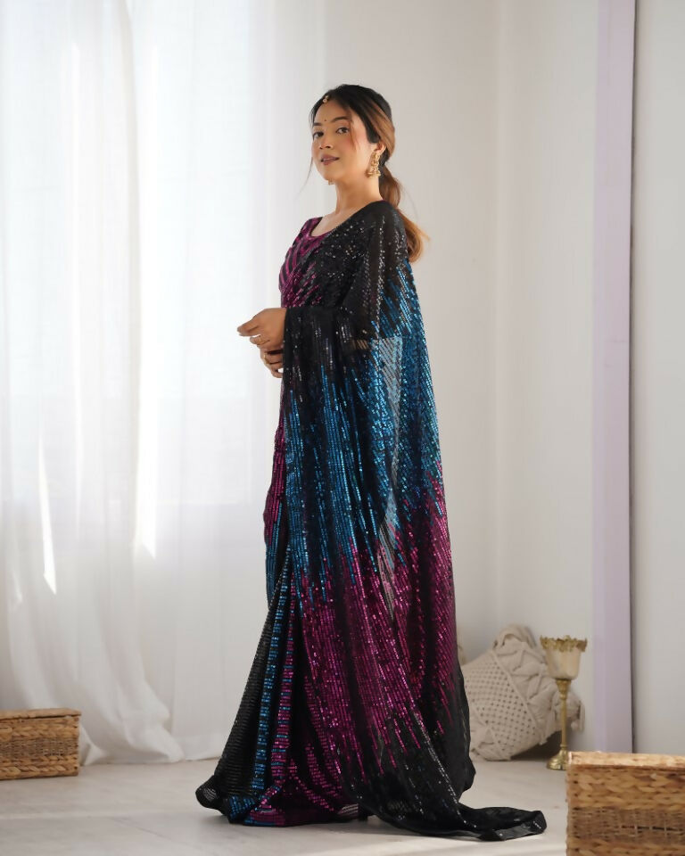 Black Georgette Designer Sequence Embroidery Work Saree - Radhe | Grocsy