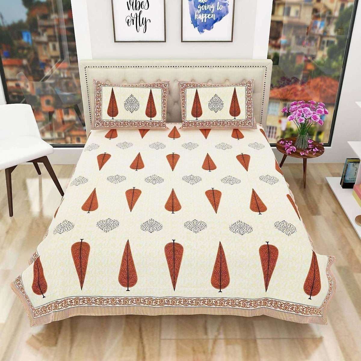 Queen Size 90x108 Inches Jaipuri Sanganeri Print Flat Bed Sheet Bedspread with 2 Pillowcases | Grocsy