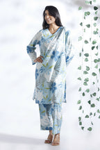 Breathables Blue Floral Print Cotton Long Kurta Co-Ord Set Cotton | Grocsy