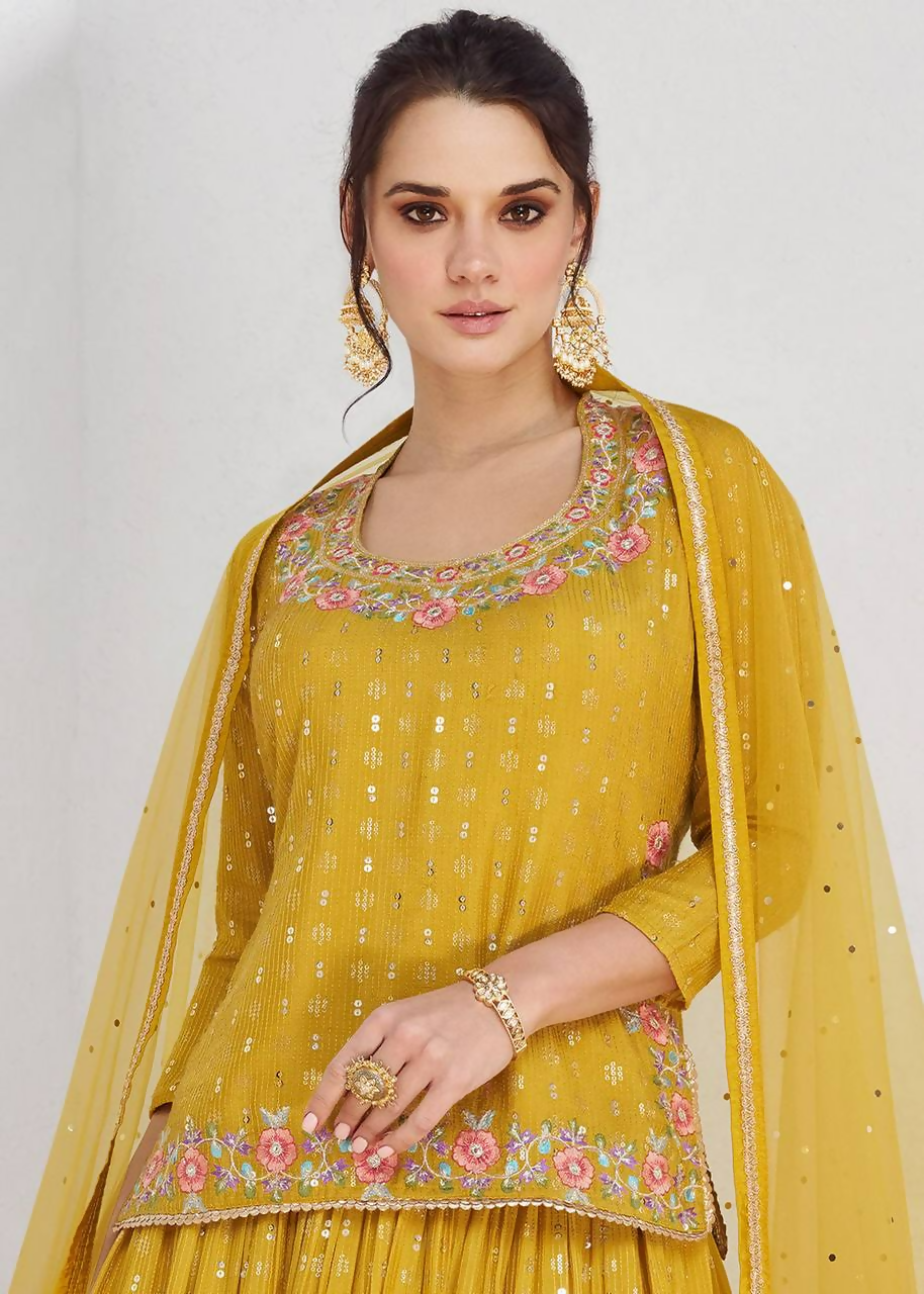 Lorenvalley Fashion Yellow Chinon Embroidery with Sequince Work Salwar Lehenga Stitched | Grocsy