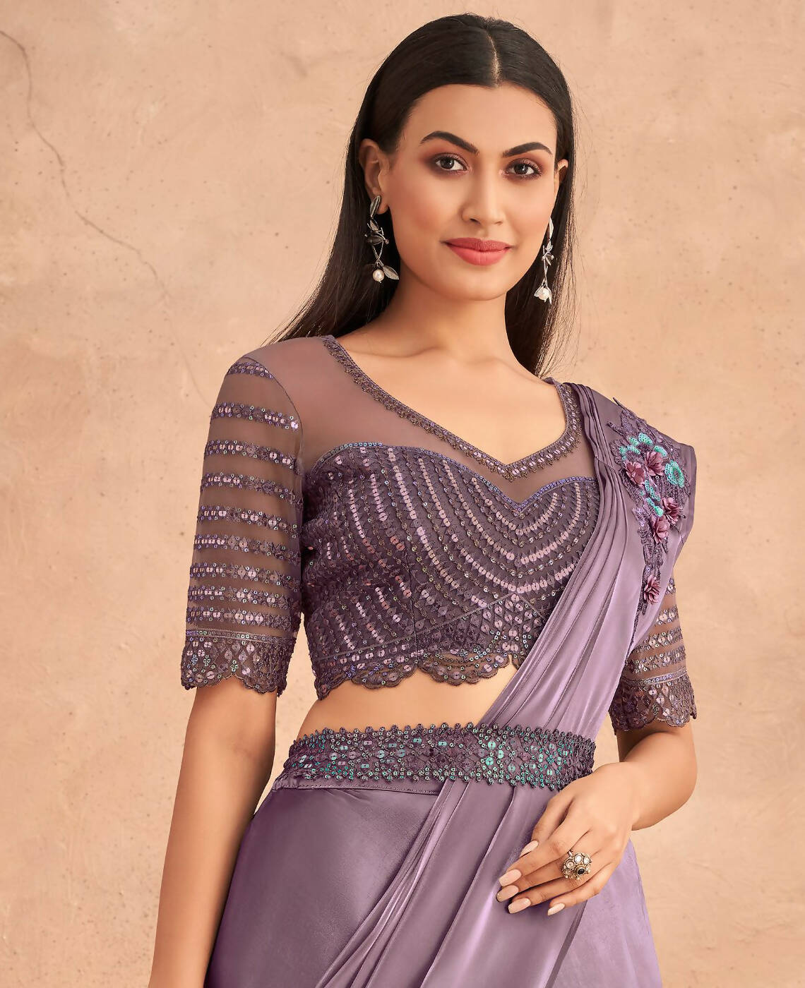 Purple Satin Embroidered Ready To Wear Saree With Unstitched Blouse Piece - Nandika | Grocsy
