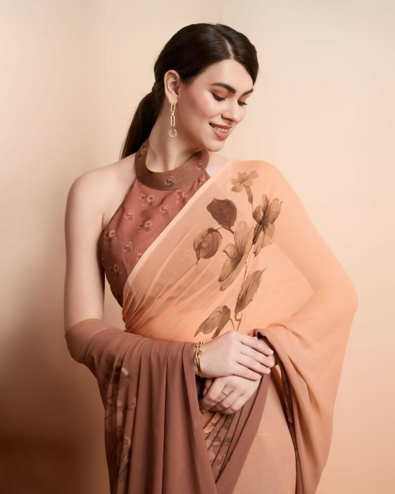 Brown Georgette Designer Printed Party Wear Saree - Cinderella | Grocsy