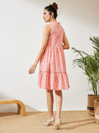 Janasya Peach Fit & Flare Cotton Dress | Grocsy