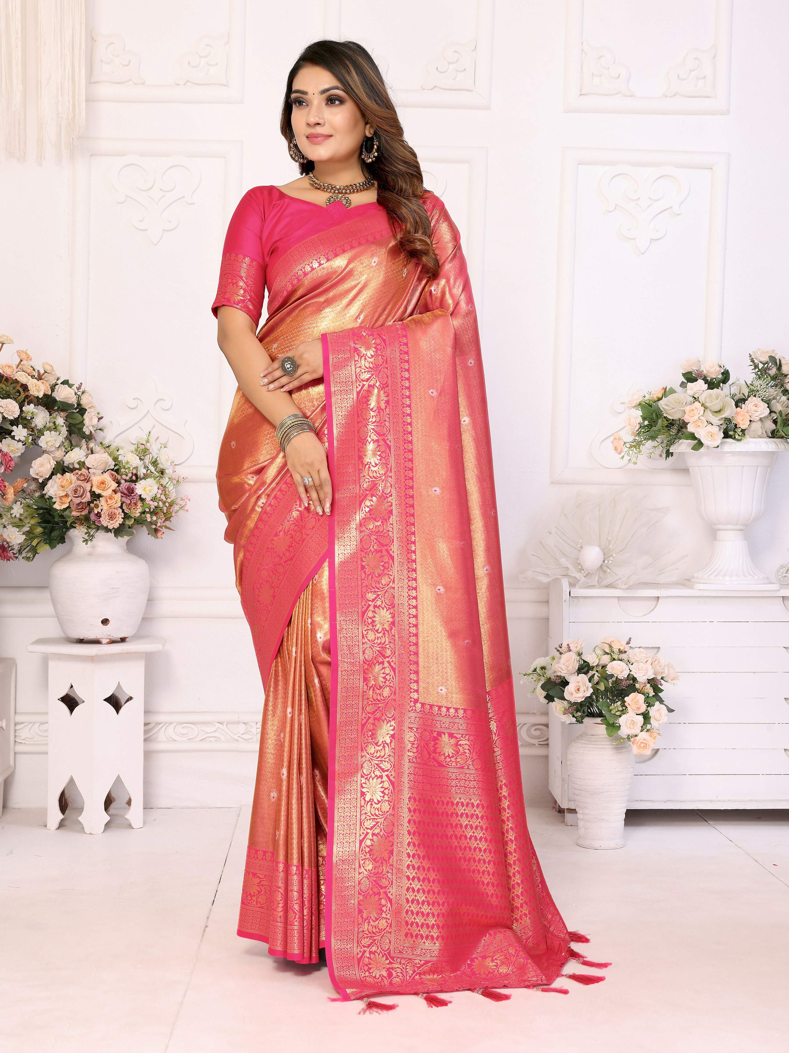 Aastha Fashion Pink Tissue Silk Weaving Saree | Grocsy