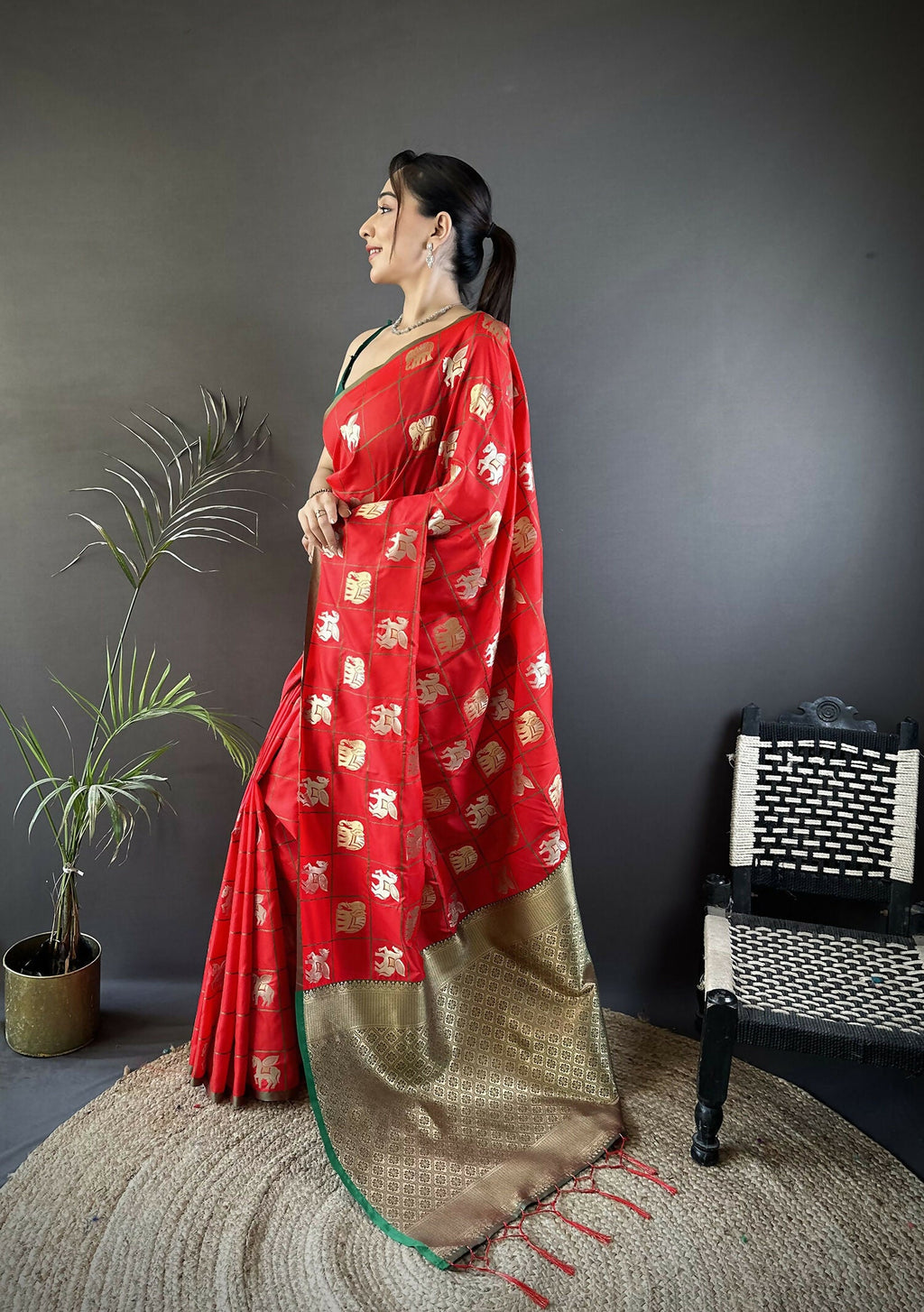 Joban Fashion Red Elephant Motif Soft Silk Banarasi silk Saree | Grocsy