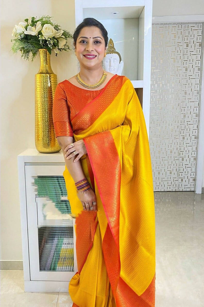 DEIANA'S Beautiful Designer Golden zari Soft Lichi Silk Saree - Yellow | Grocsy