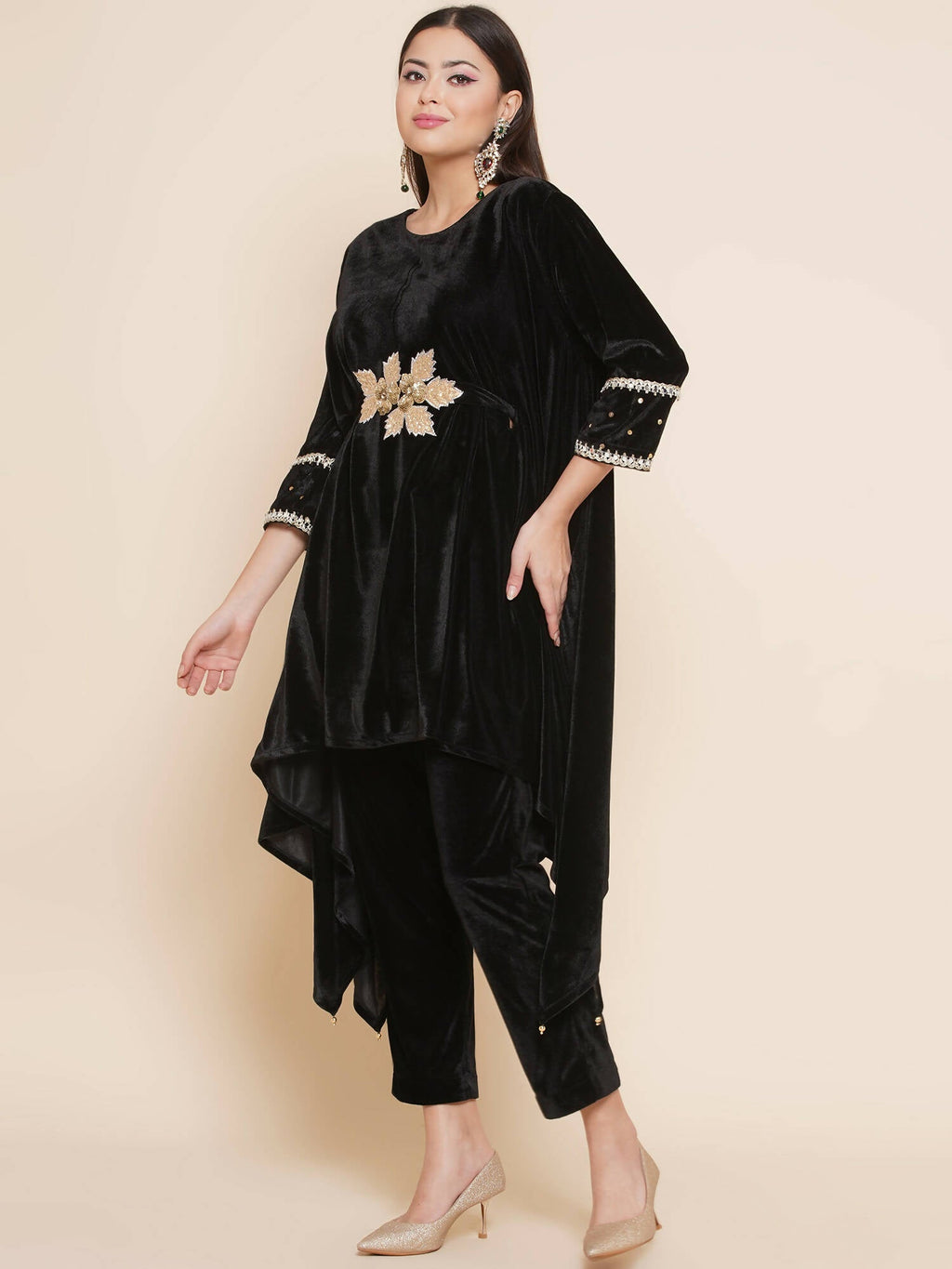 Women Republic Black Velvet Kaftaan Style Kurta With Pants | Grocsy