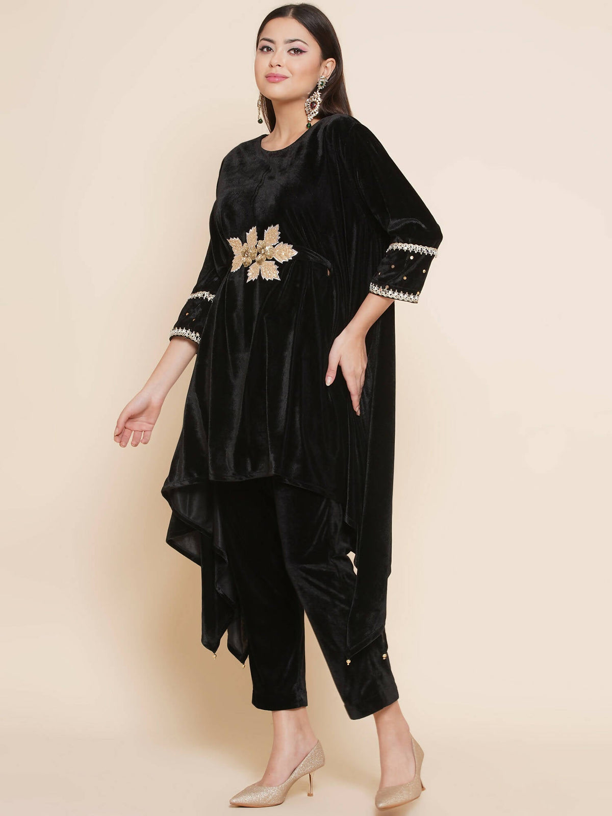Women Republic Black Velvet Kaftaan Style Kurta With Pants | Grocsy
