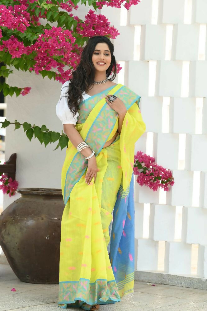Beatitude Yellow Slub Cotton Floral Jamdani Saree | Grocsy