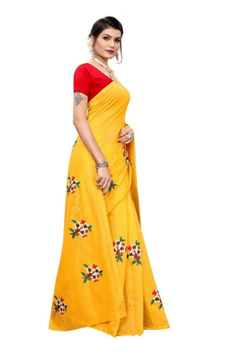 Vamika Chanderi Cotton Embroidery Yellow Saree (Mogra Yellow) | Grocsy
